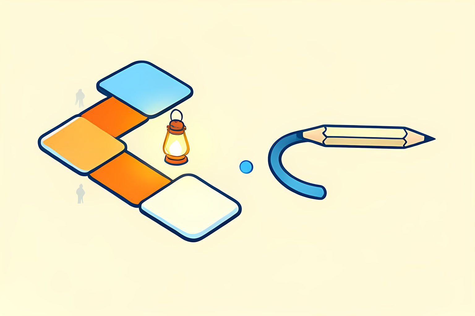 A text-free diagram of two winding paths made of blank square tiles, one branching around a small bright lantern and one following a narrower route.