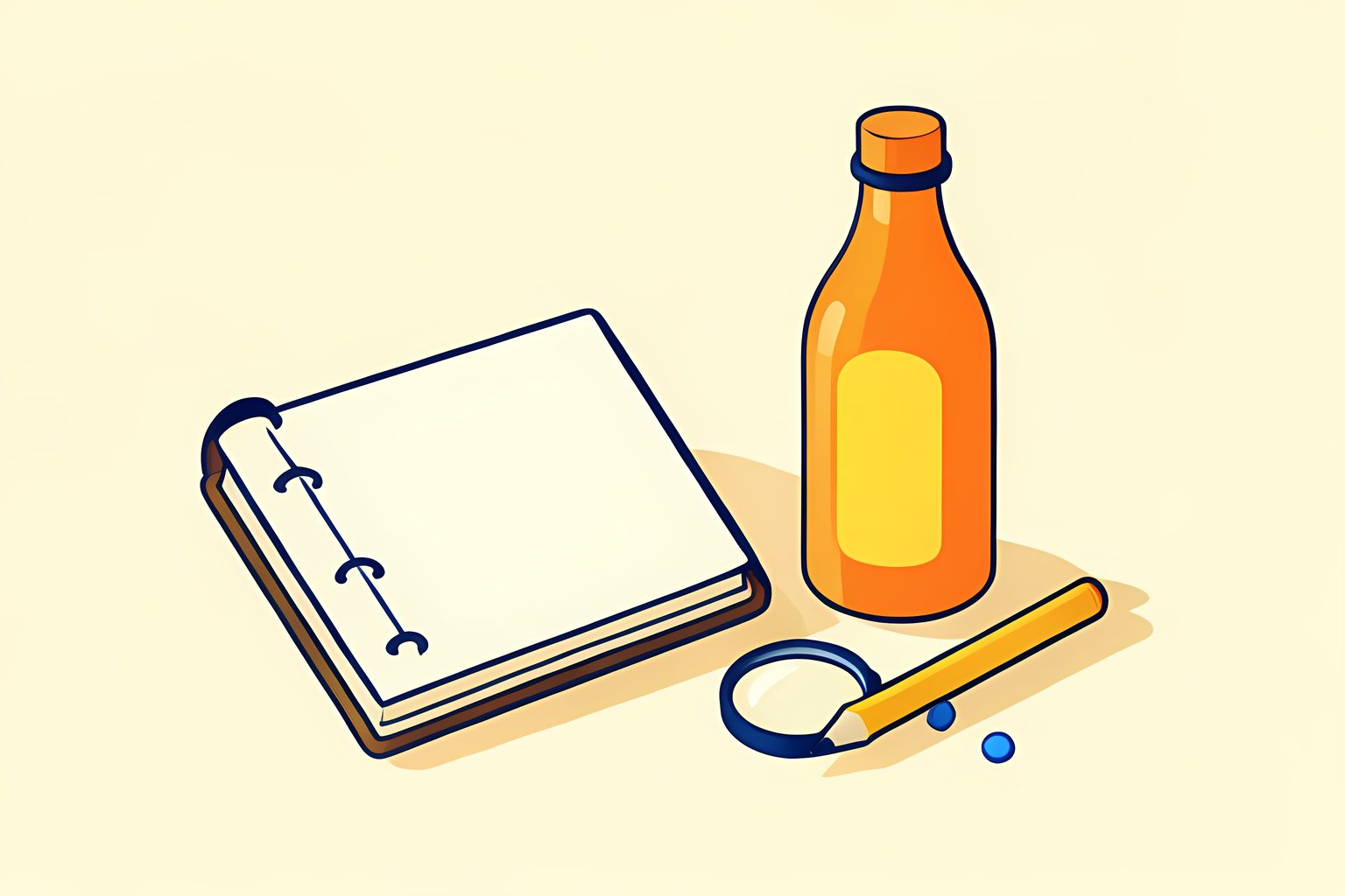 A sunny still life of an open blank ledger, a plain bubbling drink bottle, a magnifying glass and a tiny blue bead on a cream table.