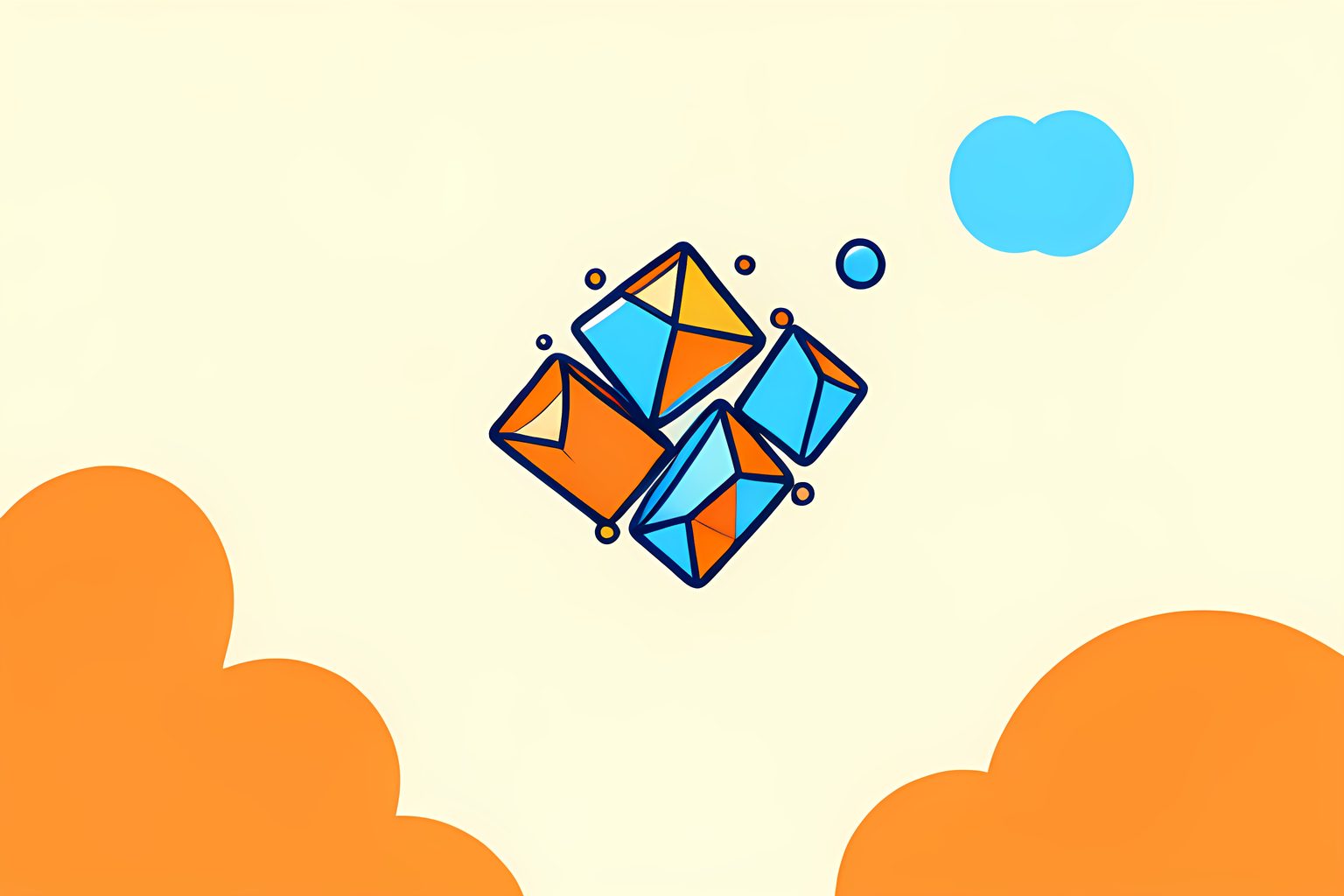 A visual metaphor of small faceted crystal-like shapes held together in midair by invisible force, one shape floating just apart from the others, on a warm cream field.