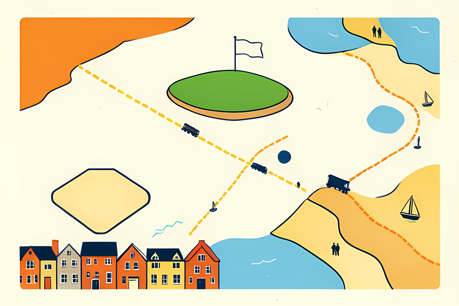 A bright illustrated map of the Atlantic coast with a winding dotted path from a harbor city up to a hilltop ballpark on an island, and a second path arriving from the west.
