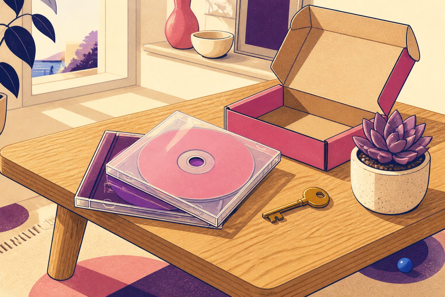 Two stylized optical disc jewel cases resting on a sunlit wooden desk beside an open cardboard mailing box and a notebook