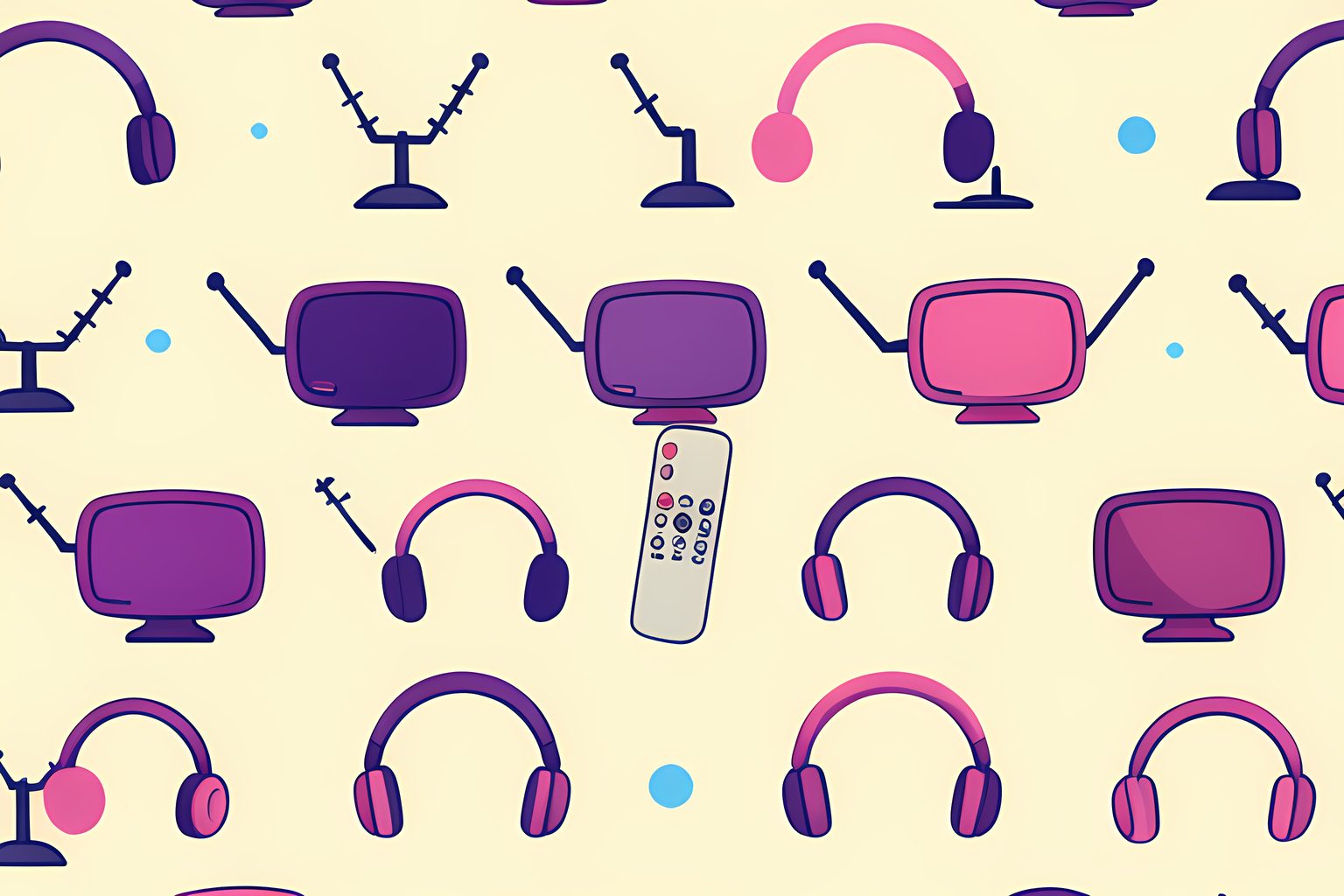 A bright text-free pattern of alternating unmarked television aerials and rounded headphones, with one plain remote resting between the rows and a tiny blue dot.