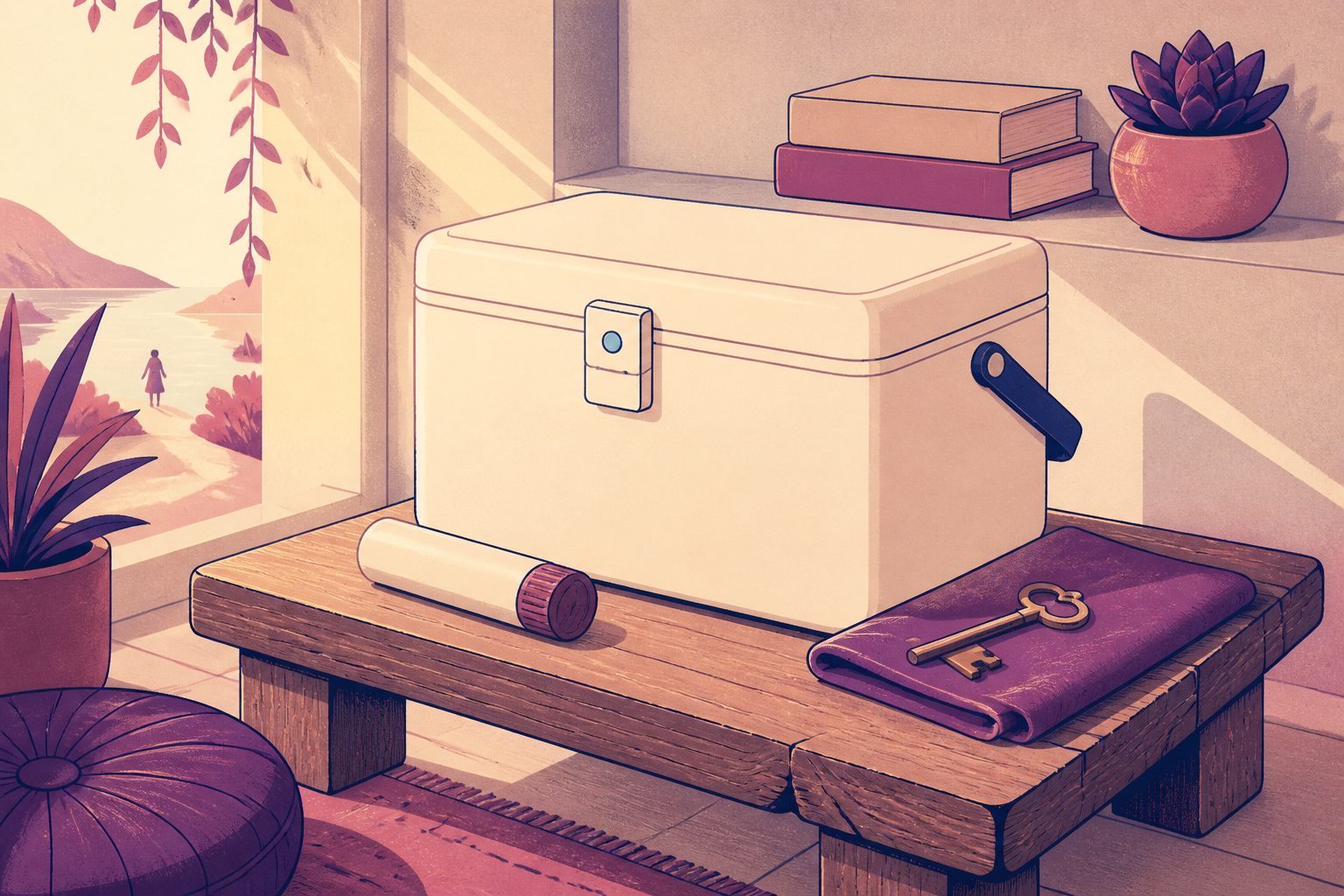 Flat editorial illustration on warm cream in plum-purple and dusk-pink light of an insulated medical cooler resting beside an emergency flare and a simple brass key on a wooden table, with a small round blue dot tucked on the cooler latch.